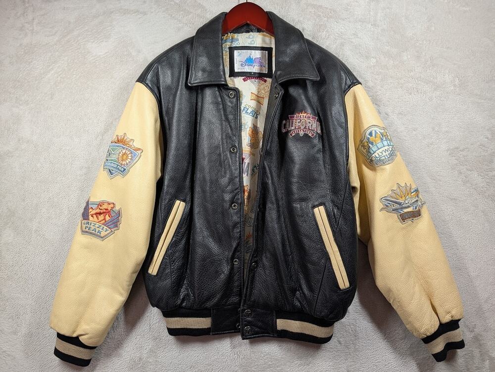 Y2K 2001 Disney's California Adventure DCA Black Leather Varsity Jacket Sz SMALL